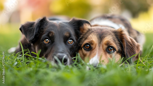 two dogs laying in the grass with their heads turned to the side