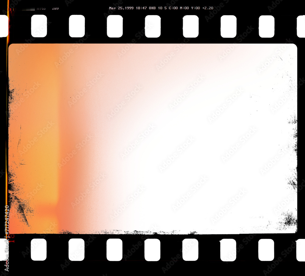 Artistic 35mm film strip template with transparent frame cell and background (PNG image) with dusts and scratches and film burn-in, light leak for retro film simulation
