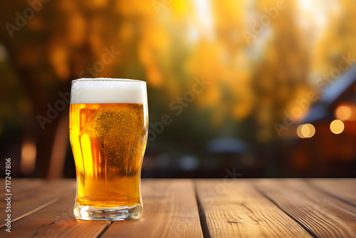 Glass of beer close up on wooden table against autumn background outside. Selective focus. Oktoberfest holiday concept