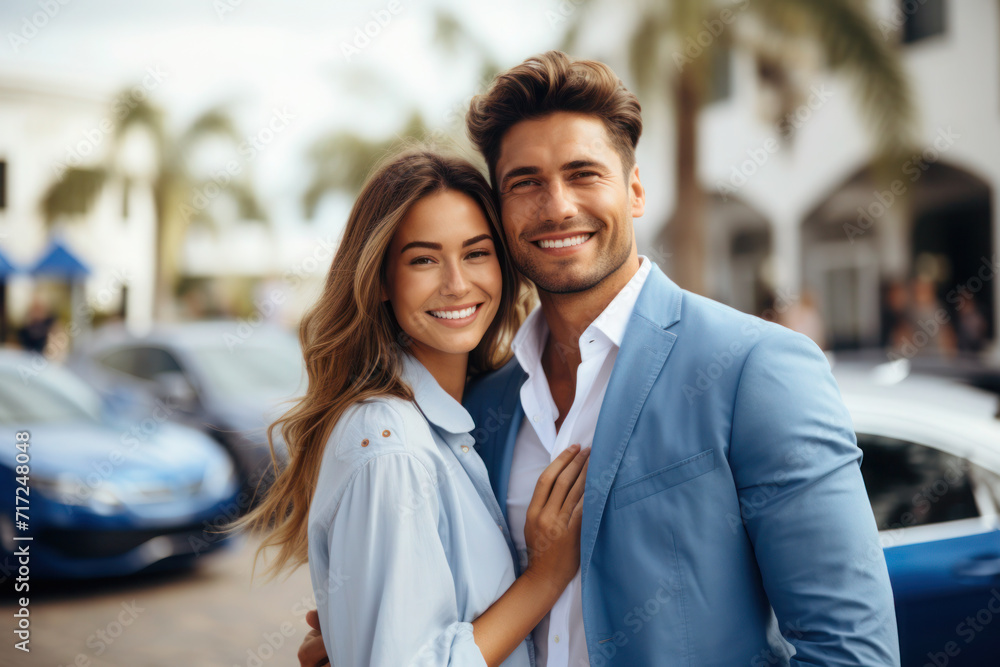 Happy Couple Posing Proudly Next to Their Recently Acquired Dream Car Happy Couple Posing Proudly Next to Their Recently Acquired Dream Car
