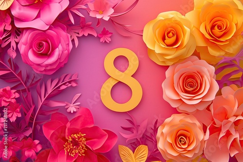 Number 8 for congratulations on International Women's Day, made from paper flowers in flat lay style