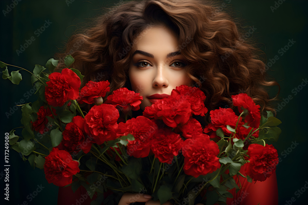 Beautiful brunette woman with long curly hairs holding big beautiful bouquet of red flowers close up in her hands. Date, Valentine Day or other holiday or event concept Beautiful brunette woman with long curly hairs holding big beautiful bouquet of red flowers close up in her hands. Date, Valentine Day or other holiday or event concept