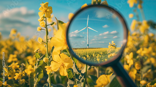 magnifying glass over rapeseed field , looking at a wind turbine, - green energy concept photo