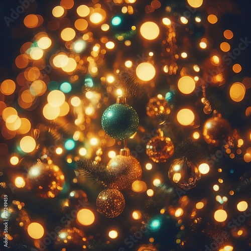 Christmas background with bokeh lights and christmas tree. Toned. 