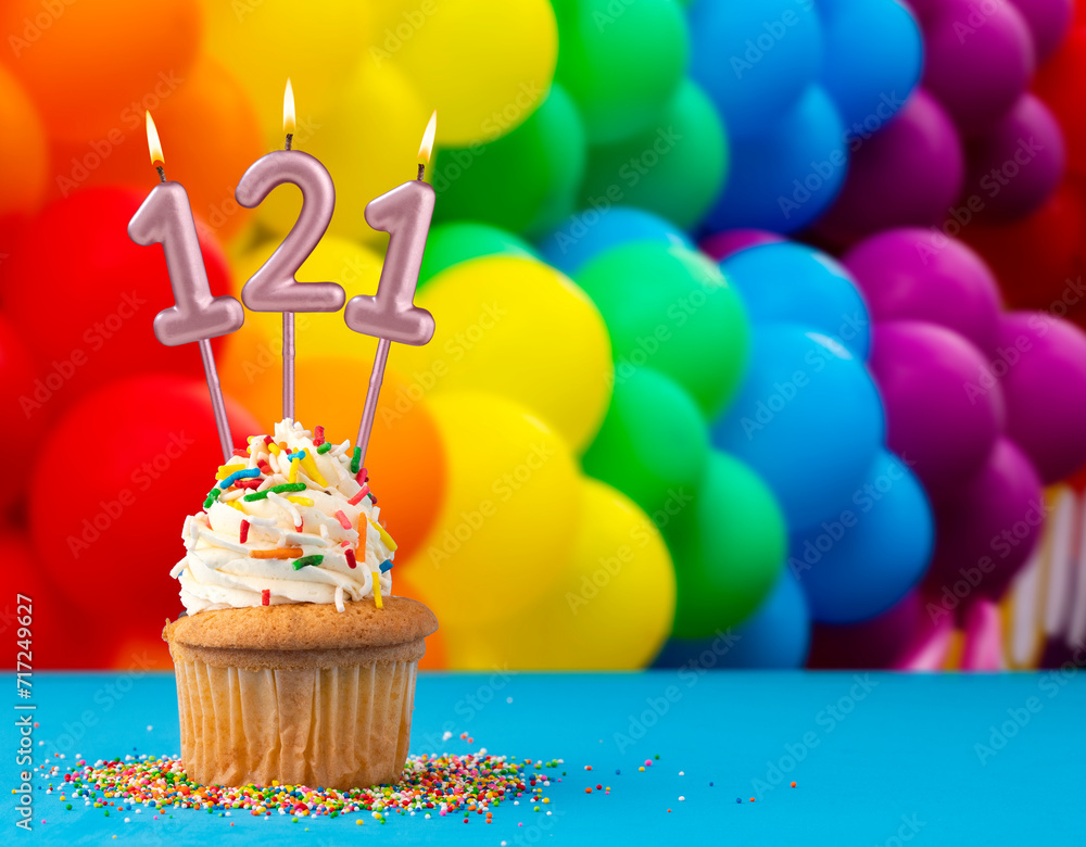 Birthday candle number 121 - Invitation card with balloons in colors of the gay pride march