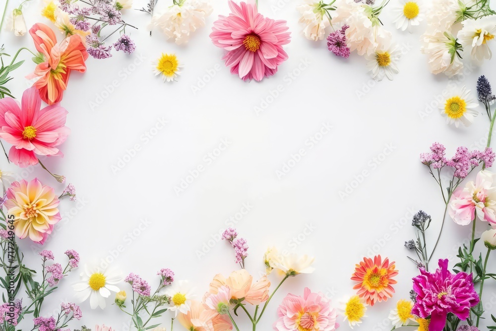 Rahmen aus Blumen für Text oder ein Produkt in der Mitte. Floraler Rahmen mit gepressten Blumen.