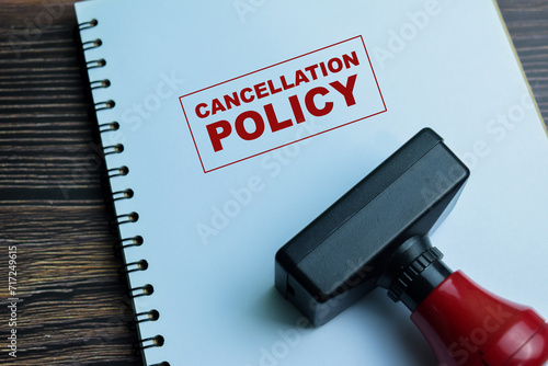 Принти на полотні Red Handle Rubber Stamper and Cancellation Policy text above book isolated on wo