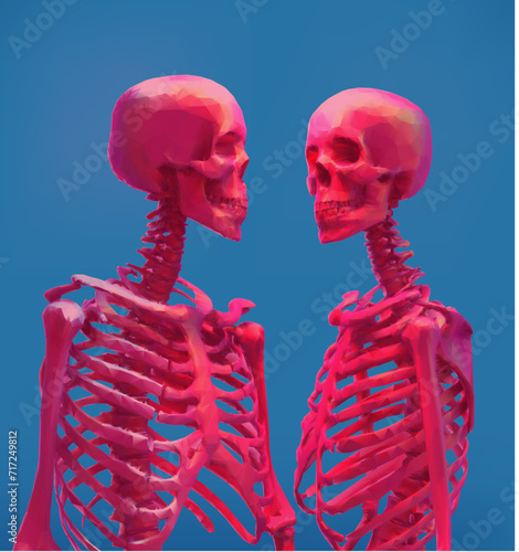 A portrait of skeleton lover in red color isolated on deep blue BG