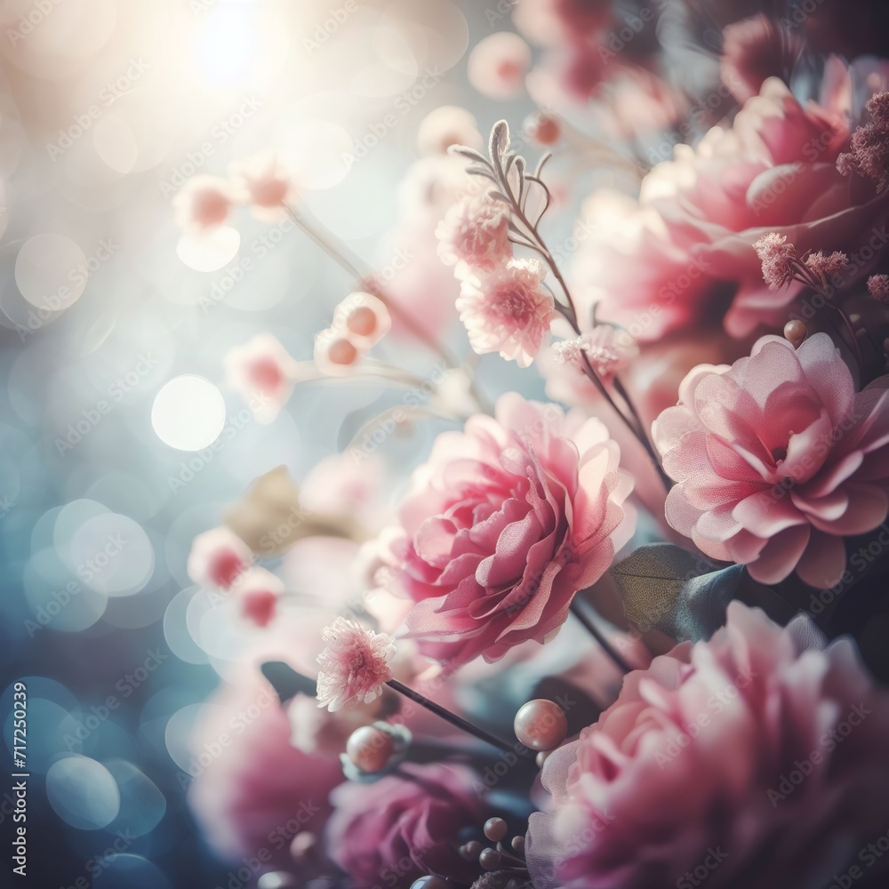 Beautiful pink artificial flowers on bokeh background with copy space Beautiful pink artificial flowers on bokeh background with copy space