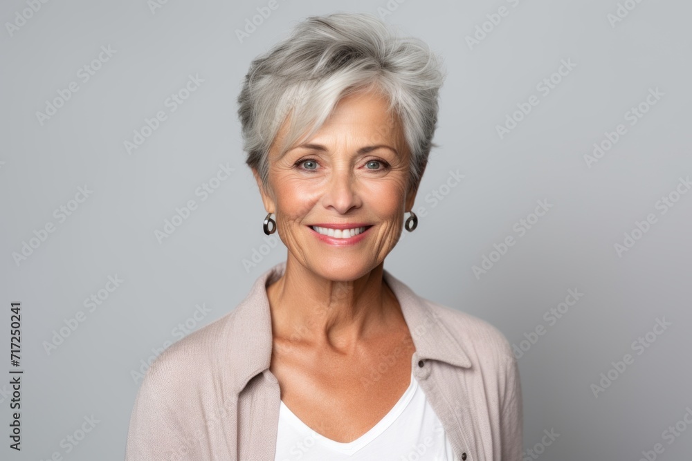 Portrait of a smiling senior woman with grey hair against grey background Portrait of a smiling senior woman with grey hair against grey background