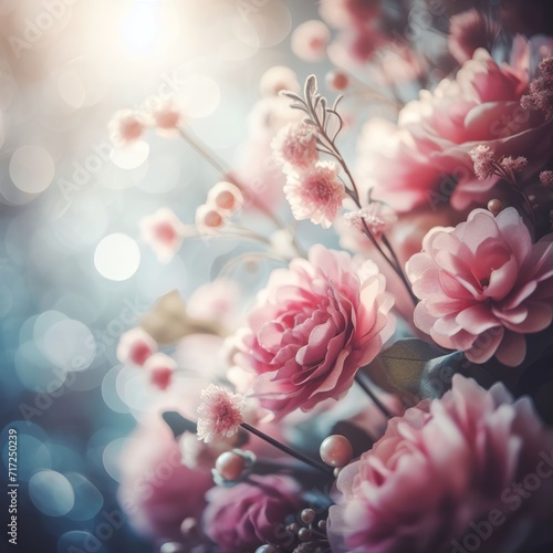 Beautiful pink artificial flowers on bokeh background with copy space 