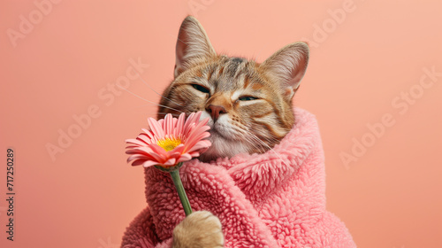 Greeting card, background, banner with congratulations for Valentine's day, birthday and anniversary. Cute cat holding and giving a  flower