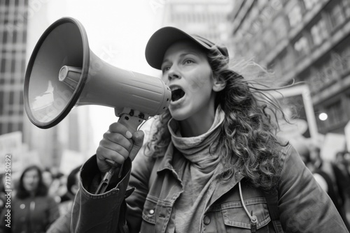 Demonstrantin mit Megaphon. Schwarz und Weiß Foto einer Demo, wie beim Weltfrauentag oder zu einer Feministischen Demonstration. 