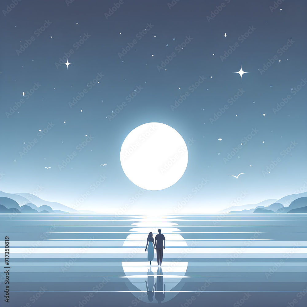Romantic Full Moon Night Illustration with Couple Silhouette on Beach, Serene Lunar Reflection on Water - Concept of Love, Tranquility & Togetherness Romantic Full Moon Night Illustration with Couple Silhouette on Beach, Serene Lunar Reflection on Water - Concept of Love, Tranquility & Togetherness