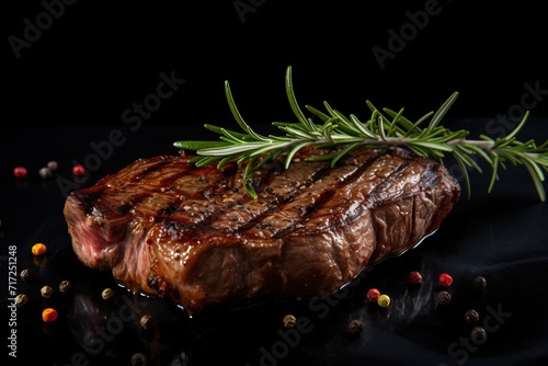 Grilled beef steak with rosemary and spices on a barbecue grill