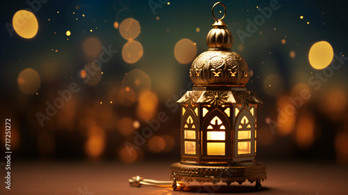 3D illustration featuring an ornamental and golden Arabic lantern, radiating a warm glow in the night. Generative AI © Gennie Fx
