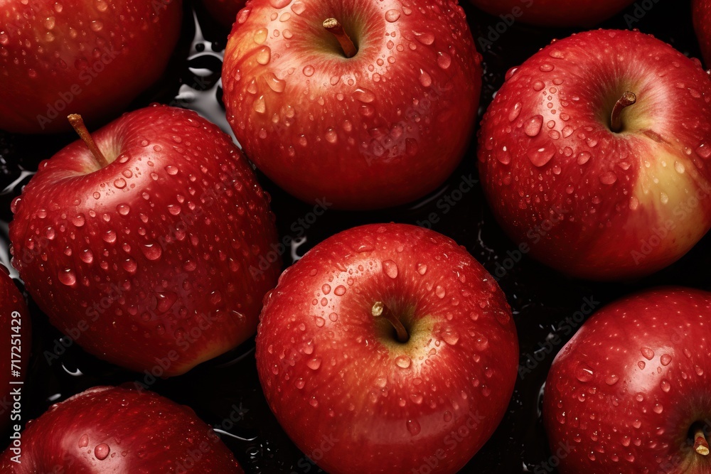 Red apples with water drops on black background. Top view. Close up. Red apples with water drops on black background. Top view. Close up.