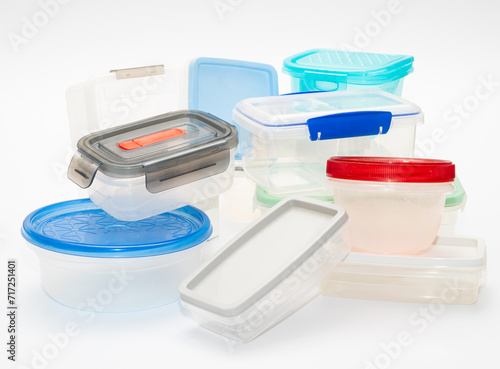 Photography old plastic food containers arranged in a haphazard manner