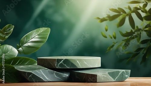 Green background platform for a nature beauty cosmetic stage scene. An abstract rock podium pedestal mockup with a green leaf, photography product showcase