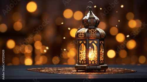 3D illustration featuring an ornamental and golden Arabic lantern, radiating a warm glow in the night. Generative AI