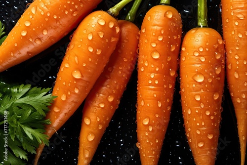 Fresh carrots with water drops on black background