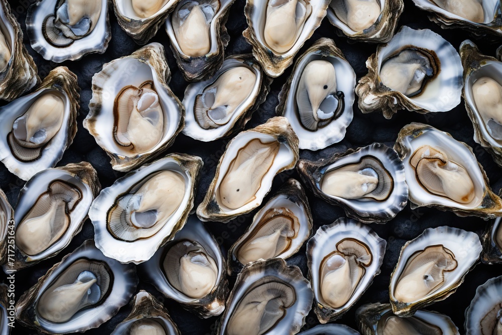 Lots of fresh oysters, top view Lots of fresh oysters, top view