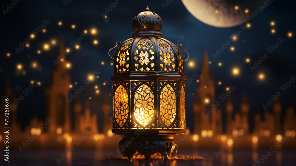 Fototapeta premium 3D illustration featuring an ornamental and golden Arabic lantern, radiating a warm glow in the night. Generative AI