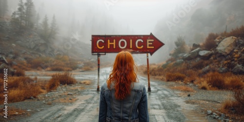 Woman Standing in Front of Choice Sign photo