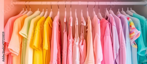 Teen girl used Marie Kondo's method for neatly storing pastel-colored clothes in cupboard for kids. photo