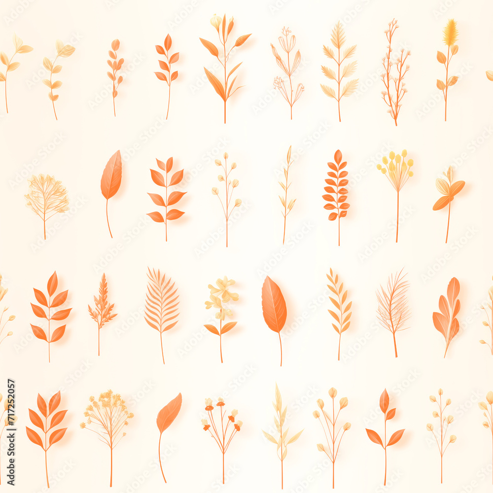 Flowers, leaves and plants pattern in peach fuzz color.Pencil, hand drawn botanical seamless pattern