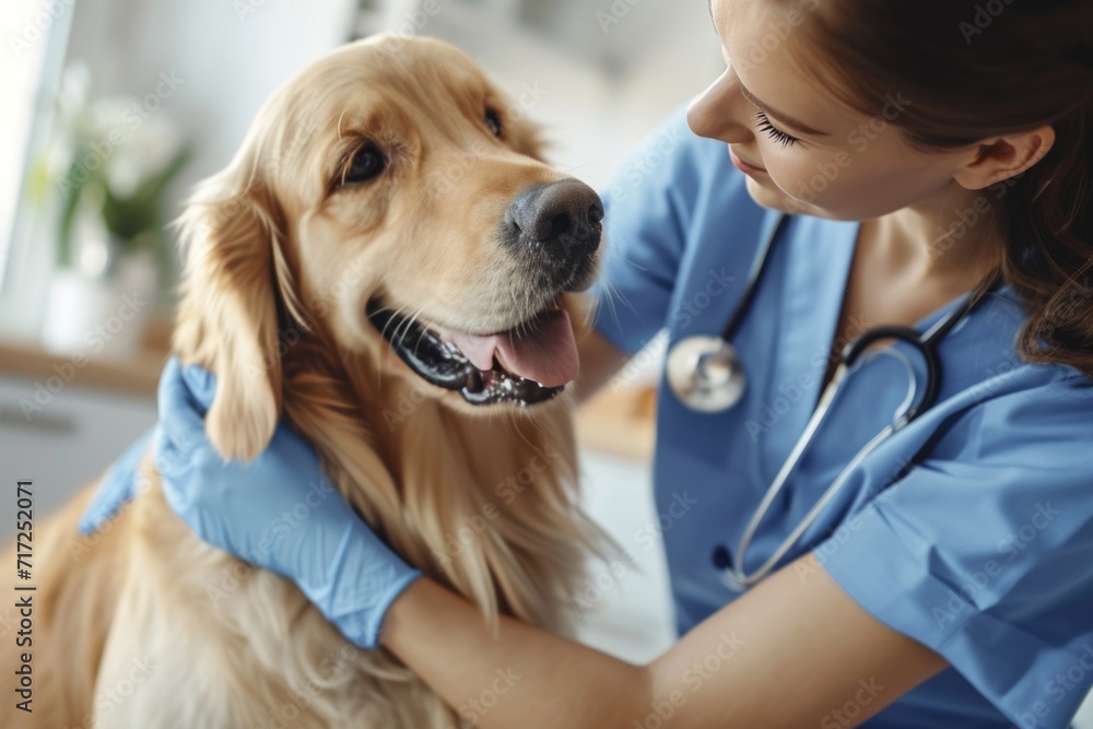 Golden Retriever beim Tierarzt. Tierärztin untersucht einen Hund vertraulich und fröhlich bei der Arbeit. Golden Retriever beim Tierarzt. Tierärztin untersucht einen Hund vertraulich und fröhlich bei der Arbeit.