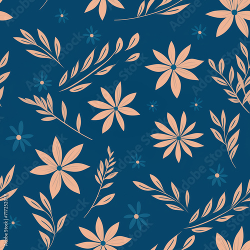Flowers, leaves and plants pattern in peach fuzz color on blue.Pencil, hand drawn botanical seamless pattern