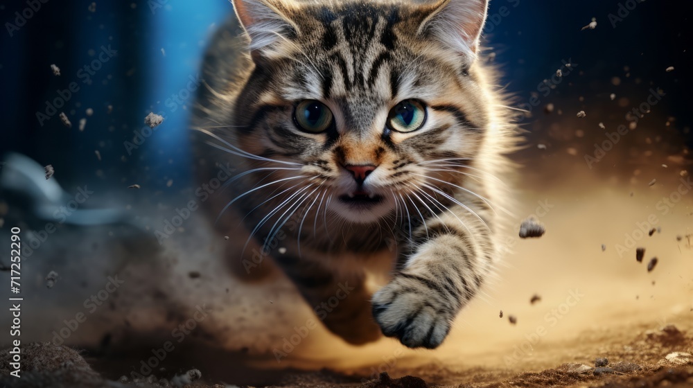 Katze auf der Jagd springt auf die Kamera zu. Kater Läuft und rennt durch den Sand. Katze auf der Jagd springt auf die Kamera zu. Kater Läuft und rennt durch den Sand.
