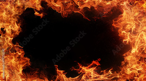 Fire flames with sparks on black background framing an empty area