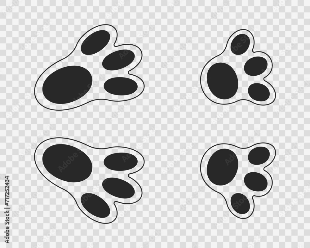 Fototapeta premium Bunny feet print. Cute black rabbit paws on transparent background. Design elements for Easter party celebration, greeting or invitation card. Vector graphic illustration.