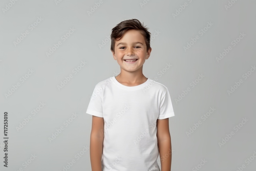 Portrait of a happy boy in a white t-shirt on a gray background Portrait of a happy boy in a white t-shirt on a gray background