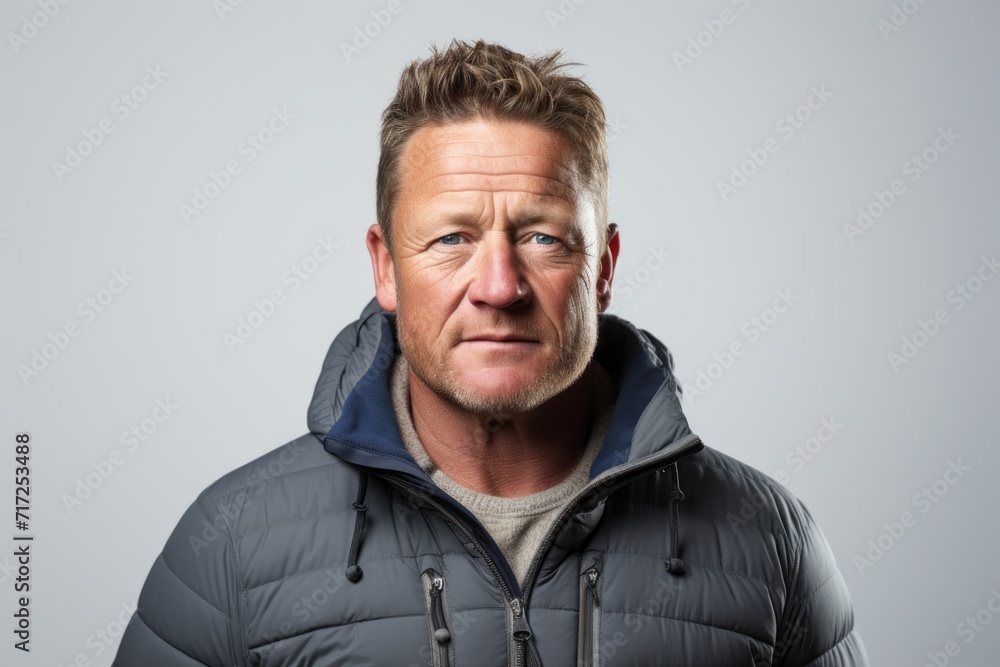 Portrait of a middle aged man wearing a down jacket against a grey background Portrait of a middle aged man wearing a down jacket against a grey background