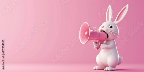 Pinker Banner mit einem Comic Osterhasen und ein Megaphone. Ideal als Werbebanner mit Platz für Text.