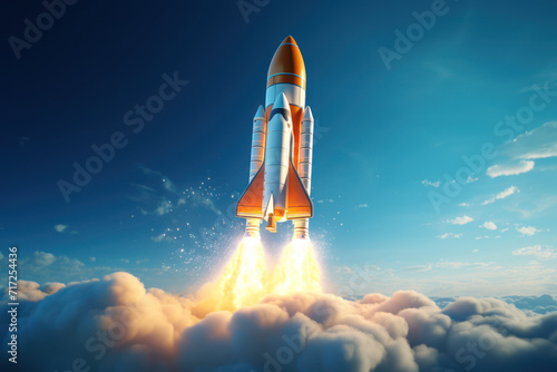 A stylized rocket poised for launch represents the ambitious trajectory of a startup, embodying the concept of entrepreneurship and reaching for the stars in business. Generative Ai.