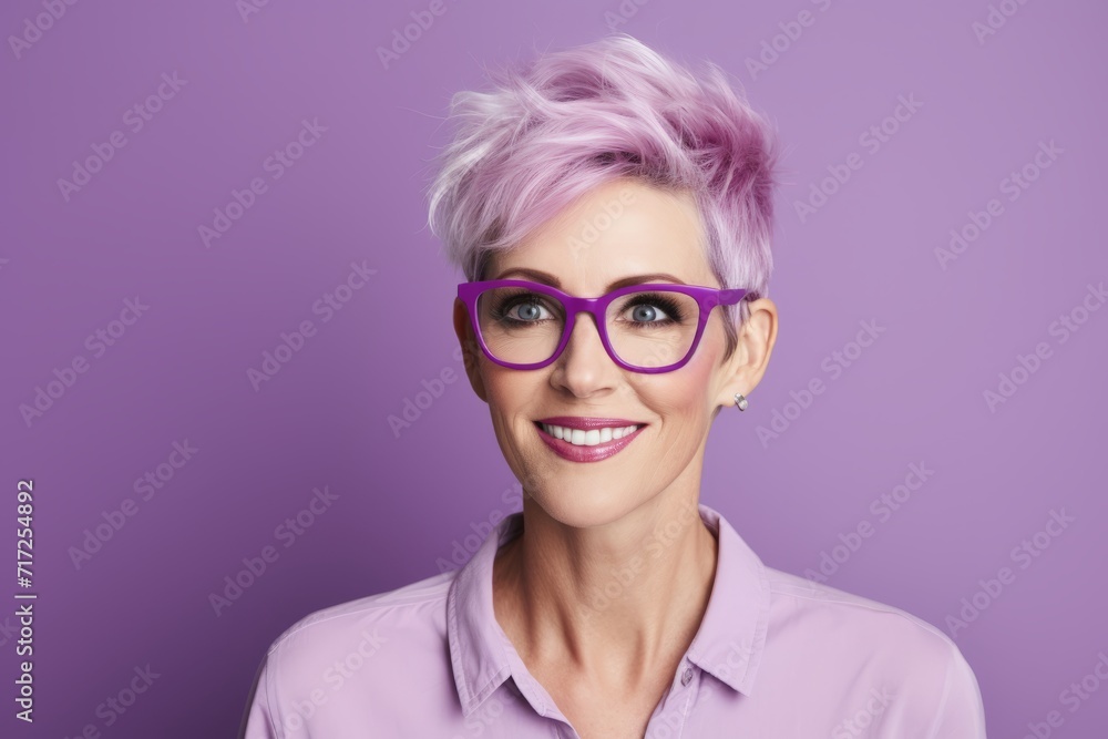 Portrait of smiling woman with pink hair and eyeglasses on violet background