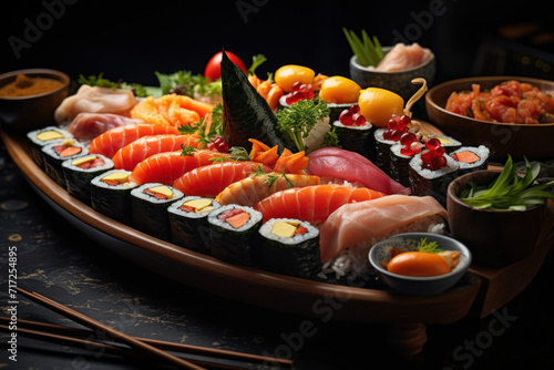 A flawlessly arranged sushi platter showcases the meticulous artistry and culinary order in Japanese cuisine. Generative Ai.