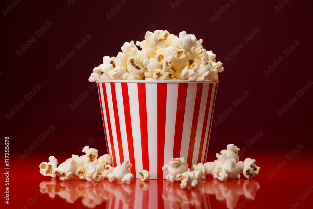 Popcorn in paper packaging on a dark red background. Popcorn in red and white packaging. Cinema background. Copy text space
Popcorn in paper packaging on a dark red background. Popcorn in red and white packaging. Cinema background. Copy text space