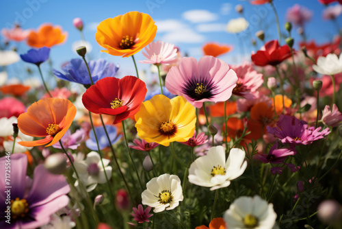 A lively field of wildflowers in full bloom  offering a vibrant and cheerful background for text related to nature and positivity. Generative Ai.
