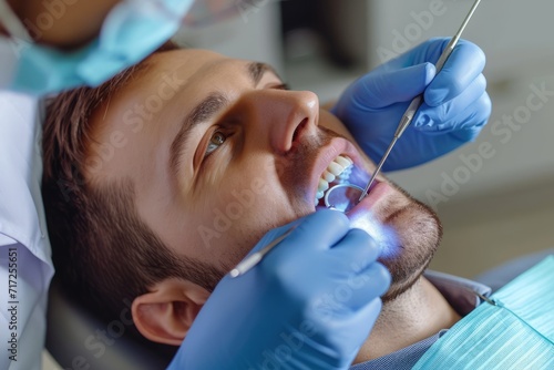 Junger Mann beim Zahnarzt zur Kontrolle im Zahnarztstuhl. Mann in einer Zahnarztpraxis zur Behandlung. photo