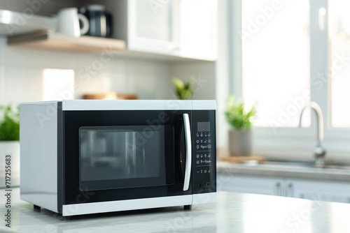 Microwelle in einer modernen, weißen Küche. Küchengerät mit Platz für Text.  photo