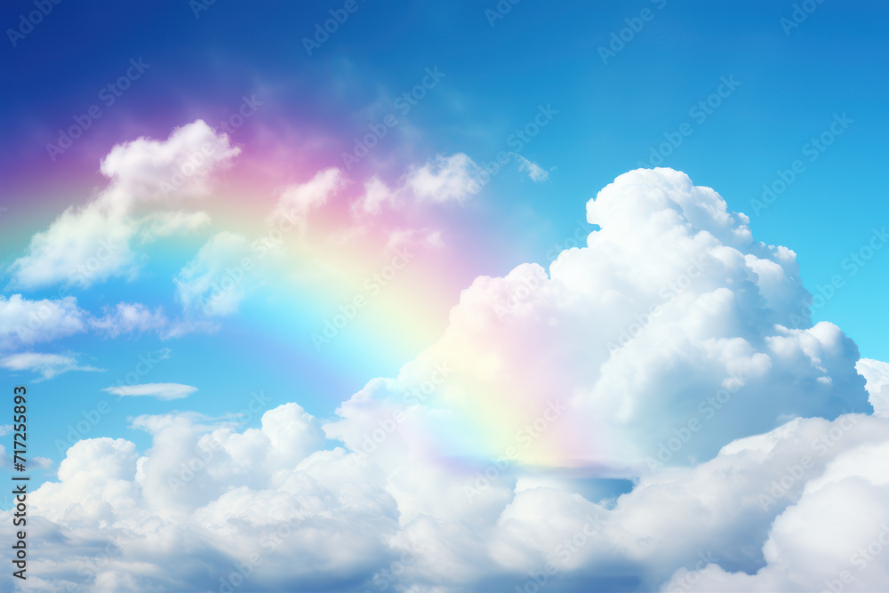 A soft, cloudy sky with a rainbow peeking through, creating a whimsical and optimistic background for text related to positivity and hope. Generative Ai.