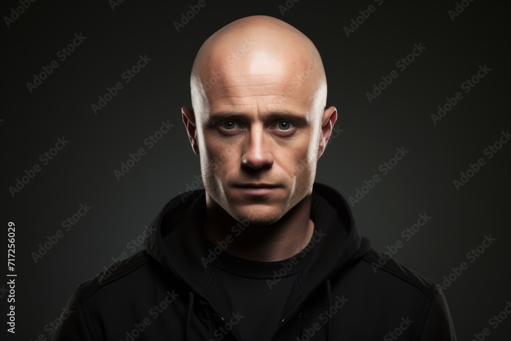 Portrait of a bald man in a black jacket on a dark background Portrait of a bald man in a black jacket on a dark background