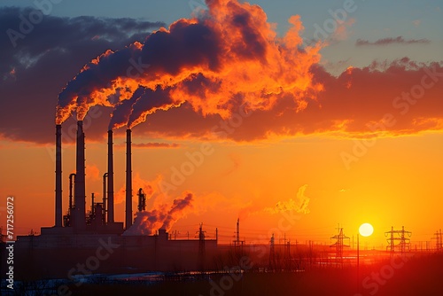 An industrial factory with pipes emitting smoke into the sky