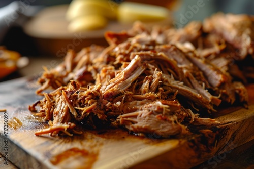 Pulled Pork Barbecues. Frisch gezupftes Schweinefleisch auf einem Holzbrett. Rustikales Essen auf dem Ofen. 