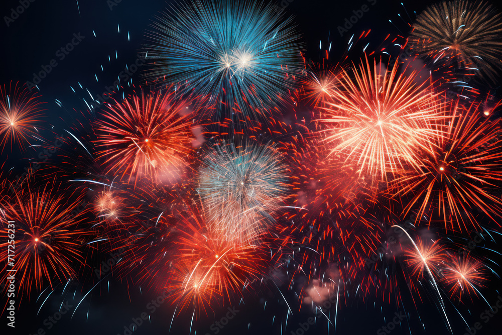 A dynamic explosion of fireworks against a dark sky, providing a festive and celebratory background for text related to joyous occasions. Generative Ai.